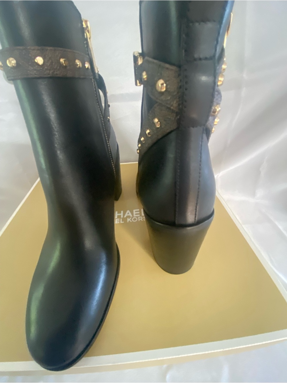 MICHAEL Michael Kors Black Leather Studded Ankle Booties with Gold Hardware - Picture 4 of 13